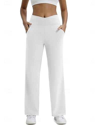  Damen Weite Hosenbeine Chinos Elegant Urlaub Vintage Volle Länge Mittlere Taillenlinie Einfach Patchwork Tasche Elastischer Bund Bequem Atmungsaktiv Dehnbar Täglich Outdoor Fitnessstudio Dunkelrot