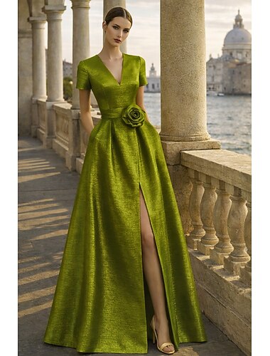  Ligne A Longueur au sol Robe de Soirée Élégant Fente Haute Manche Courte Col en V Mariage Formel Poche Taffetas avec Fleurs 3D Plis