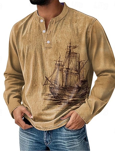  Homens Gráfico Vintage Camisa Henley Manga Longa Vintage Moda Estilo bonito Casual Feriado Para Noite Primavera & Outono Azul Rosa Verde cáqui Henley Camiseta Henley