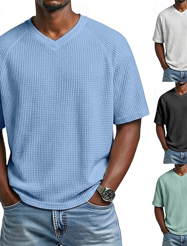  Herren Waffel T-Shirt T-Shirt Kurzarm V Ausschnitt Sommer Einfarbig Mode Designer Lässig Raglanärmel Lässig Täglich Outdoor Hellblau Schwarz Weiß Top T-Shirt für Herren