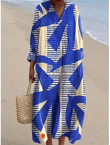  Dames Maxi-jurk Hemdjurk Zonnejurk Vakantie Casual Strand Uitgaan Ruim Passend Grafisch Geometrisch Abstract Lange mouw V-hals blauw Lichtgeel gebroken wit Beige Zomer Lente