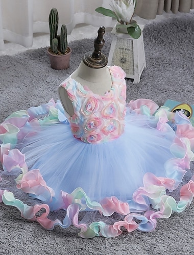 フラワーガールドレス 女の子 フォーマルドレス 結婚式の服装 パーティー 結婚式 フォーマル エレガント ファッション 愛らしい メッシュ フラワー ノースリーブ クルーネック ブルー ピンク 4年以上