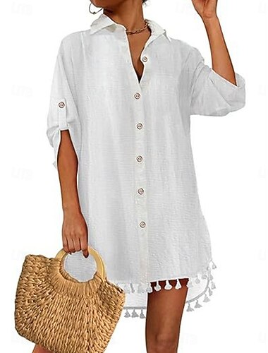  Femmes Mini Robe Robe Blanche Robe de Plage Robe noire Robe Chemise Élégant Mode Classique Quotidien Extérieur Plage Coupe Ample Uni Manche 3/4 Col de chemise Noir Blanche Été Printemps