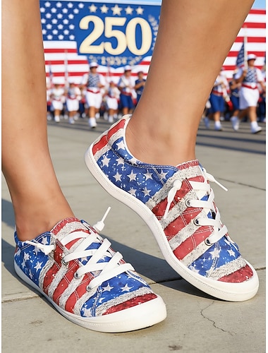  Verenigde Staten 250e verjaardag Vrouwen USA Vlag Print Sneakers – Klassieke Veterschoenen van Canvas met Gevoerde Zool voor Patriotische Stijl Parades Festivals Wandelen  Alledaagse Dracht