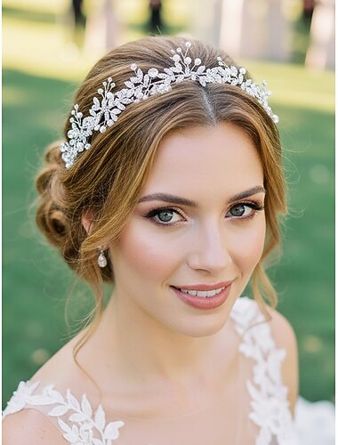 Corona per capelli da sposa da donna, copricapo in poliestere bianco e oro con dettagli in strass e perle per spose, eleganti accessori per capelli da sposa