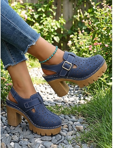  Dames Casual Dagelijks Plateau Blokhak Ronde Teen Casual Imitatieleer Gesp Amandel Zwart Wit