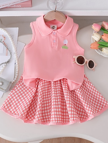  Ragazze 3D Plaid T-shirt e Gonna Rosa Senza Maniche Altre stampe Estate Casual Bambino (1-4 anni) 1-5 anni Girocollo All'aperto