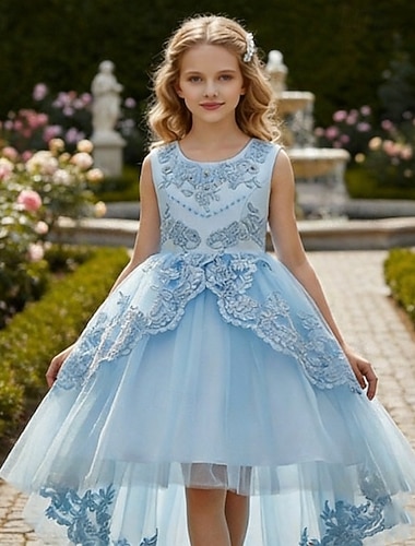  フラワーガールドレス 女の子 フォーマルドレス 結婚式の服装 パーティー 結婚式 フォーマル エレガント ファッション 愛らしい 初聖体拝領ドレス レース パッチワーク フラワー ノースリーブ クルーネック ブルー ホワイト 4年以上