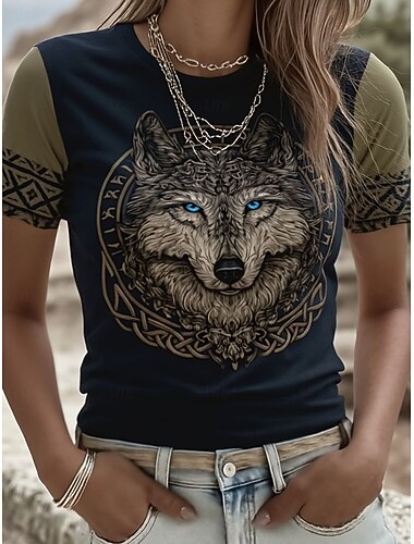  نسائي تي شيرت طباعة الرسم زخرفات عتيق أنيق كلاسيكي كم قصير رقبة عالية مدورة رقبة دائرية قمصان عادية مناسب للبس اليومي عطلة نهاية الاسبوع ملابس الشاطئ أزرق الأخضر والأزرق أخضر الصيف الربيع الخريف