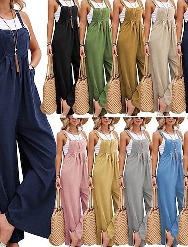  Damen Normal Overall Aktiv Einfarbig Ärmellos Weites Bein Quadrathals Tasche Täglich Urlaub Lässiger Schnitt Schwarz Rosa Armeegrün Sommer