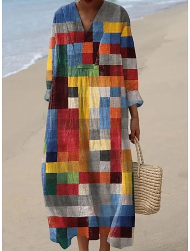  Femmes Robe maxi Robe fourreau Robe d'Été Vacances Occasionnel Plage Sortir Coupe Ample Graphique Géométrique Abstrait manche longue Col en V Bleu Bleu marine Jaune / noir. Été Printemps