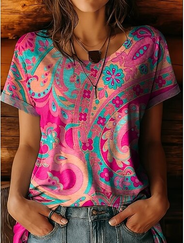  Kvinne Boho T-skjorte Floral Grafisk Planter Vintage Stilig Casual Kortermet V-hals Vanlige Topper Daglig Helg Brodert Print Blå Lys Grønn Rød Rose Rosa Sommer Vår