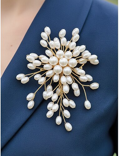  Damebrosje med imiterte perler, elegant blomsterdesign med gullfargede detaljer, perfekt for bryllup, fester og formelle anledninger, brudetilbehør og kveldsklær