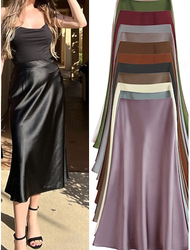  Damen Satinröcke Elegant Vintage Mode Lässig Midi Hohe Taille Röcke Einfach Gerafft Patchwork Unelastisch Täglich Büro / Karriere Graues Grün Wein Aprikose Schwarz Sommer Satin Polyester