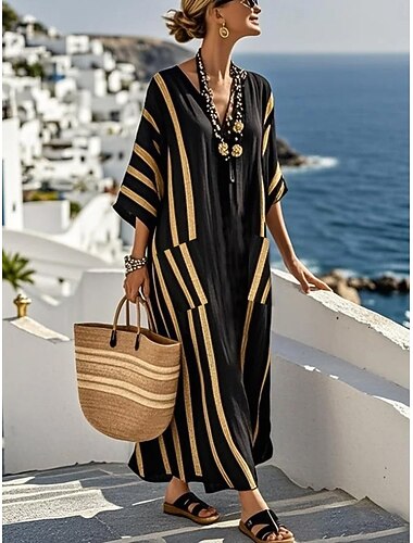  Abito lungo da donna in lino simile traspirante leggero abito a linea A abito da vacanza casual boho spiaggia uscita vestibilità larga grafica geometrica a maniche lunghe V collo blu nero bianco