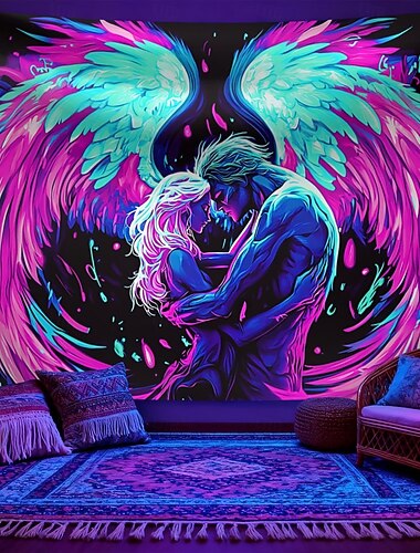  Blacklight wandtapijt, UV-reactief, lichtgevend in het donker, engelenvleugels, muurdecoratie, blacklight poster voor slaapkamer, feest, studentenkamer en festivaldecoratie.