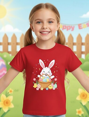  100% Algodón Semana Santa Niños Chica Azul Piscina Negro Blanco Graphic Conejo Camiseta Cuello Barco Manga Corta Diario Exterior Ropa de calle Activo Deportes Design Estampado Verano Primavera