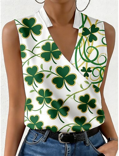  Dia de São Patrício Mulheres Camiseta T-shirt Imprimir Gráfico Trevo Moda Clássico Casual Sem Manga Decote V Tops regulares Diário Para Noite Final de semana Verde Verão Primavera
