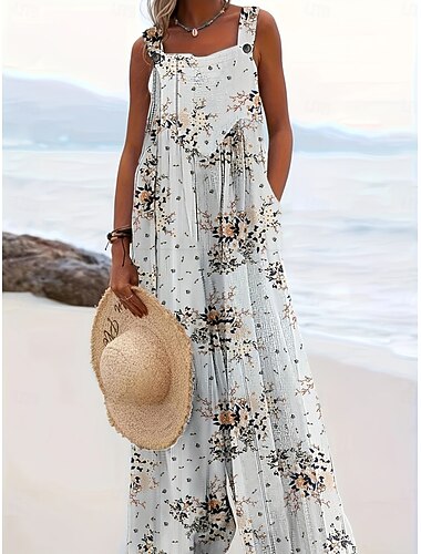  Dames Tuinbroek Actief Bloemig Mouwloos Mouwloos Breed Been Vierkante hals Zak Knop Dagelijks Strand Ruim Passend blauw Blozend Roze Khaki Zomer