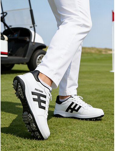  Herre golfsko i hvitt og svart, slitesterk yttersåle med grep, pustende overdel, klassisk sportsstil for golfbaner og fritidsklær