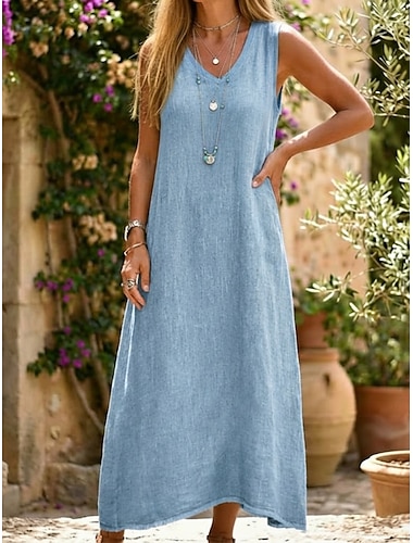  Damen Midikleid Baumwoll-Leinen-Kleider Shiftkleid Sommerkleid Trägerkleid Mode Modern Täglich Outdoor Ferien Lässiger Schnitt Einfach Ärmellos V Ausschnitt Blau Rosa Beige Grau Sommer Frühling