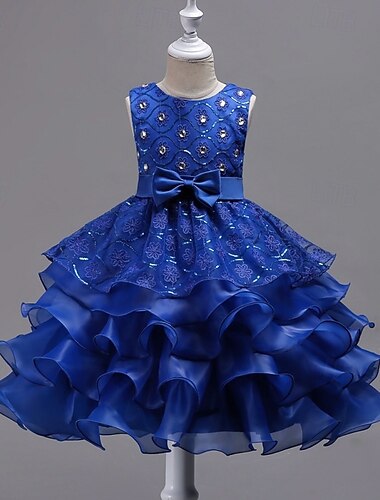  فستان حاملات الأزهار للفتيات الزي الرسمي ملابس الزفاف مناسب للحفلات زفاف رسمي موضة أميرة جميل فستان المناولة الأولى شبكة لون الصلبة بدون كم رقبة العمل أزرق أبيض 4 سنوات +