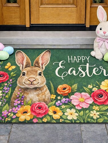  zerbino pasquale con simpatico coniglietto circondato da fiori vivaci e messaggio di buona Pasqua, perfetto per decorazioni primaverili