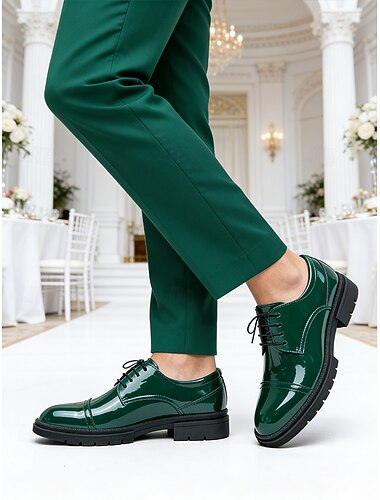  Herresko i grønn glanset kunstskinn med snøring, formelle bryllupssko, stilig fottøy for brudgom og bryllupsgjester