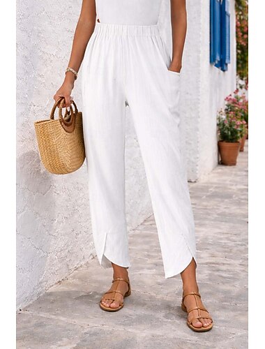  Damen Hose aus Baumwollleinen Sommerhose Hosen Hose Alltagstauglich Knöchellang Einfach Seitentaschen Elastischer Bund Atmungsaktivität Bequem Unelastisch Wochenende Blau Weiß Khaki Grau Frühling