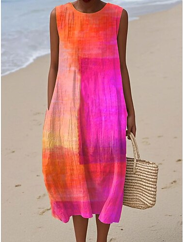  Dames Midi Jurk Linnenachtig Zomerjurk Shift Jurk A-lijn Jurk Vakantie Casual Boho Strand Uitgaande Losse Fit Grafisch Geometrisch Abstract Mouwloos Ronde Hals Roze Groen Zomer Lente
