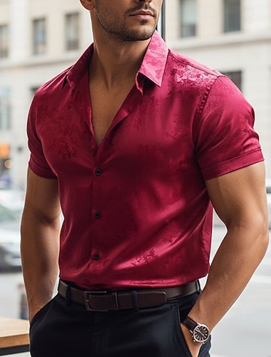  Herren Hemd Satinhemd Kleidhemd Knopfhemd Farbverlauf Lässig Hochzeit Schwarz Rote Marineblau Kurzarm Umlegekragen Sommer Bekleidung Jacquard
