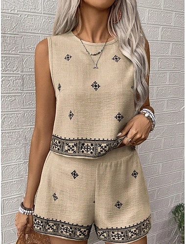  Conjuntos de pantalones cortos de lino similar a algodón falso para mujer sin mangas cuello redondo estampado geométrico elegante moda streetwear casual diario al aire libre azul verde caqui verano