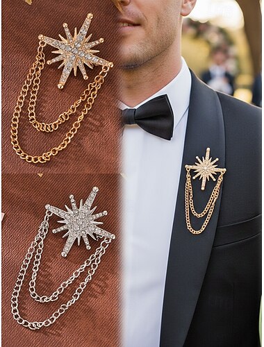  Herrenål med stjerneformet krystall og dobbeltkjede, brosje i gull- og sølvlegering, elegant vintage-stil for brudgommer, bryllup, valentinsdagen, formelle fester og kveldsarrangementer