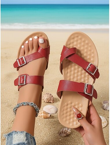  Женские красные удобные сандалии с двойной пряжкой – мягкая стелька, регулируемые ремешки, удобная плоская подошва для ходьбы, путешествий, активного отдыха и повседневной носки.