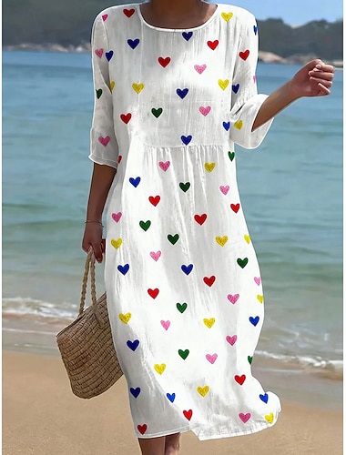  Valentinstag Damen Midi Kleid Leinenähnliches Maxikleid Shift Kleid A-Linie Kleid Urlaub Casual Boho Strand Lockerer Sitz Herz Grafik 3/4 Ärmel Rundhals Blau Weiß Rosa Grün Sommer Frühling Herbst