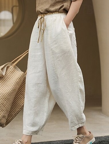  Γυναικεία Βαμβάκι Λινό Διακοπές Βασικό Μέχρι τον αστράγαλο Ψηλή Μέση Σκέτο Άνετο Ανελαστικό Λευκό Κίτρινο Ανοικτό Καφέ Καλοκαίρι Άνοιξη Χαλαρή Εφαρμογή