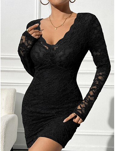  Damen Langes Kleid Maxikleid Minikleid schwarzes kleid Spitzenkleid Freizeitkleid Mode Sexy Romantisch Täglich Urlaub Party Schlank Einfach Langarm V Ausschnitt Schwarz Gelb Rote Grün Sommer Frühling