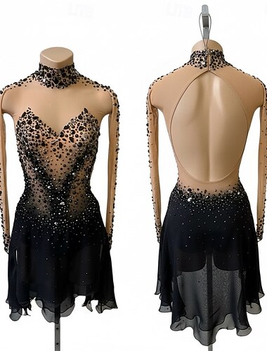 Kunstschaatsjurk Dames Schaatsen Jurken Zwart Lapwerk Open achterkant Spandex Netstof Hoge Elasticiteit Opleiding Wedstrijd Kunstschaatskleding Klassiek Kristal / Bergkristal Mouwloos Schaatsen