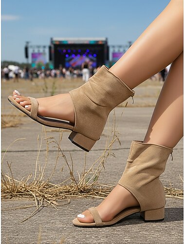  Damessandalen in suède-look in een beige tint - comfortabele gladiatorsandalen met lage blokhak en open neus, chique bohemian zomerschoenen voor openluchtmuziekfestivals en concerten. &woestijnraves