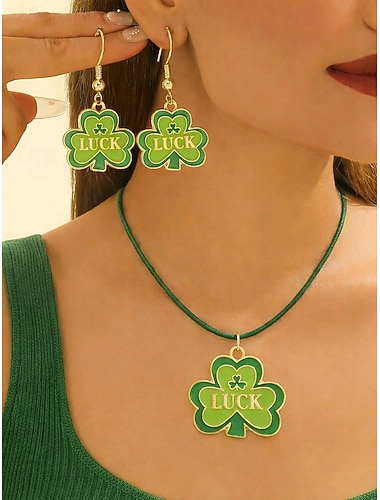  Set di collana e orecchini da donna in lega per il giorno di San Patrizio con motivi a trifoglio, cappello e trifoglio, perfetti per il giorno di San Patrizio, per l'uso quotidiano e per le occasioni festive.