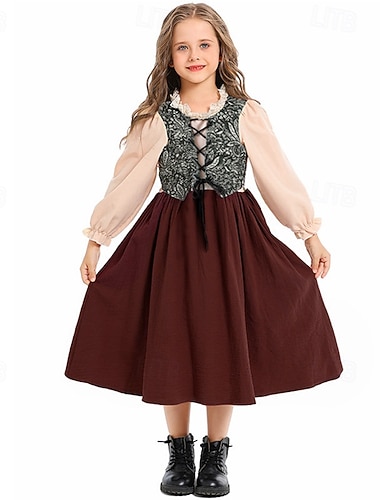  250e anniversaire des États-Unis 19ème siècle années 1800 Robe Prairie Manches longues Fille pionnière Epoque Coloniale Pionnier Guerre d'indépendance américaine Déguisement Fille Halloween Carnaval