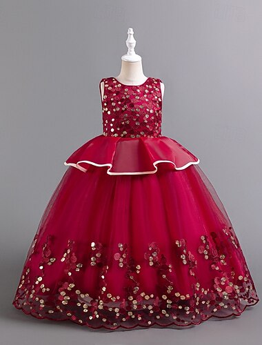  שמלה לנערת הפרחים  בנות שמלה פורמלית לבוש חתונה נשף רקודים מפלגה חתונה אלגנטית אופנתי מקסים פאייטים טלאים פרחוני ללא שרוולים צווארון עגול קצר פול יין אדום 4 שנים +