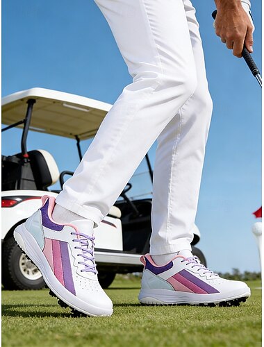  Witte en paarse golfschoenen voor heren, ademend mesh bovenwerk, gedempte zool, sportieve stijl voor golfbanen en buitenactiviteiten.