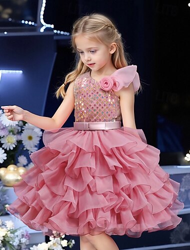  Flower Girl Dress Girls' Formal Dress Wedding Attire Party Wedding Formal Elegant Adorable Princess Patchwork Mesh Solid Color Sleeveless Crew Neck Yellow Pink 4 years+