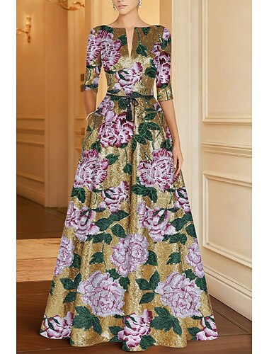  A-Linie Bodenlang Perlenbestickt Abendkleid Kleid der Brautmutter Abendkleid Elegant Glitzernd Glitzern Halbarm V Ausschnitt Hochzeit Formell Capes Paillettenbesetzt mit Tasche