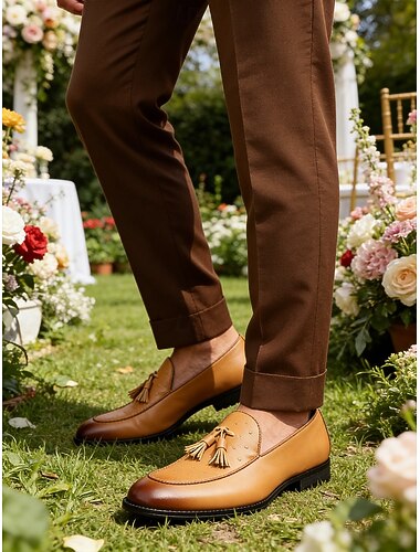  Heren loafers met kwastjes in bruin kunstleer – elegante formele schoenen voor bruiloften, speciale gelegenheden en als bruidsjurk.