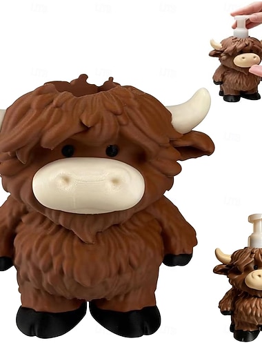  Seifenspender mit Hochlandkuhmotiv, entzückende Flasche mit Hochlandkuhmotiv für Handseife &Duschgel, wiederbefüllbare 3D-gedruckte Kuh-Pumpflasche im Landhausstil für Bad und Küchenspüle –