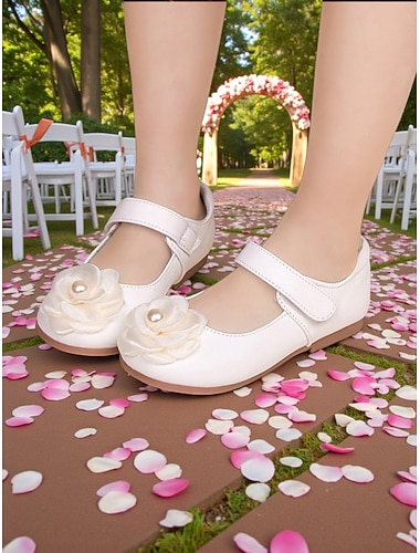  Hvite Mary Jane-sko til barn med blomsterpike og perleapplikasjon, myk og komfortabel flat såle, elegant prinsessestil for jenter, perfekt til bryllup, dåp og formelle seremonier.