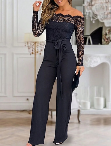  Damen Overall Elegant Einfarbig Langarm Weites Bein Schulterfrei Spitze Patchwork Täglich Urlaub Normale Passform Schwarz Wein Marineblau Frühling