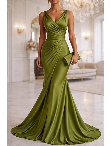  Meerjungfrauenschnitt Bodenlang Abendkleid Elegant Ärmellos V Ausschnitt Hochzeit Formell Rosa Kleid Stretch Satin mit Falten